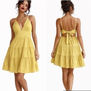 NWT Organic Cotton Linen Boho Tiered Summer Halter Sundress in Mustard Yellow